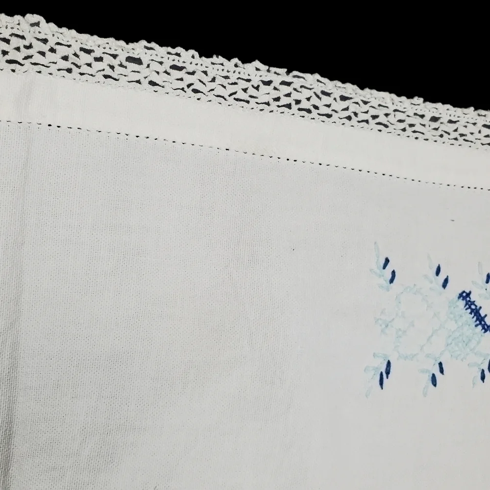 Embroidered Table Runner Dresser Scarf Heart Crochet Lace Blue White Vintage 36